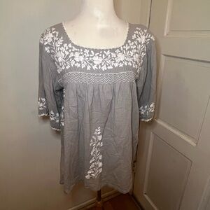 Grey Embroidered Floral Mexican Blouse